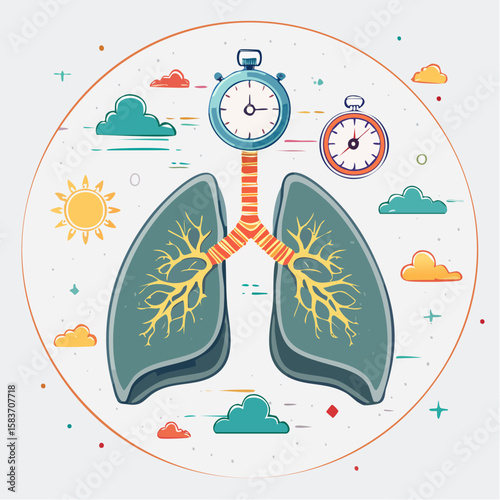 Lung health awareness graphic featuring lungs connected to timers, highlighting the importance of respiratory wellness and time for healing.