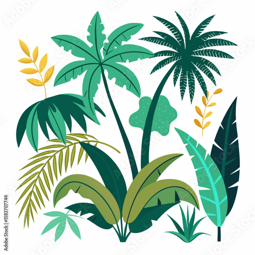 Vibrant tropical jungle foliage with palm trees and leaves isolated on white background