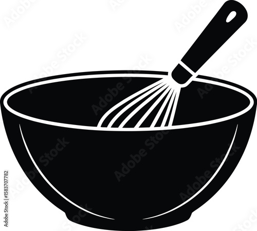 Black silhouette of a whisk inside a mixing bowl