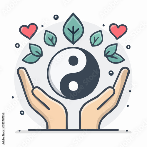Hands cradle the Yin Yang symbol surrounded by hearts and leaves, representing balance, harmony, love, and growth.