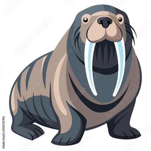 Cartoon walrus with big tusks sitting on a white background isolated on white background