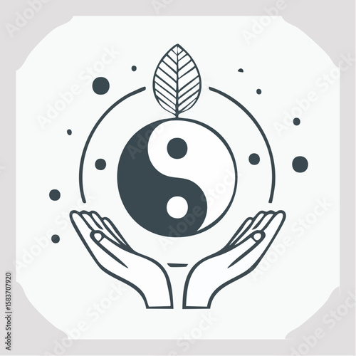 Representing balance and harmony with a Yin Yang symbol and hands graphic perfect for spiritual or wellness branding design.