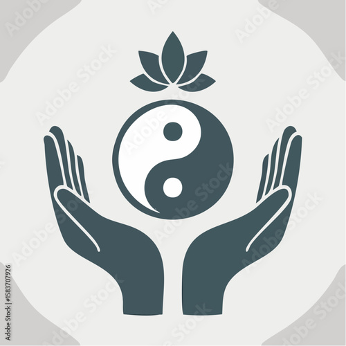 Embrace inner peace with this graphic showing hands cradling yin yang symbol beneath a serene lotus flower, ideal for wellness designs.