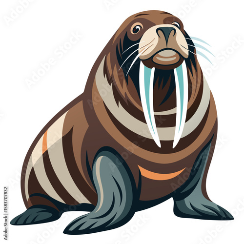 Stylized illustration of a walrus with prominent tusks isolated on white background
