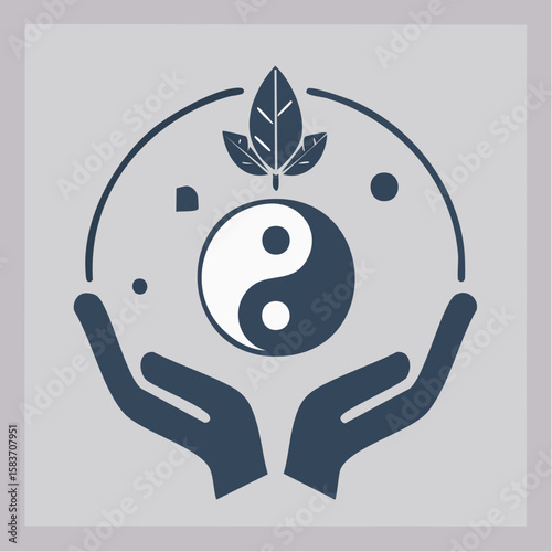 Graceful yin yang symbol balanced with foliage held in nurturing hands creates a calming, holistic wellness element.