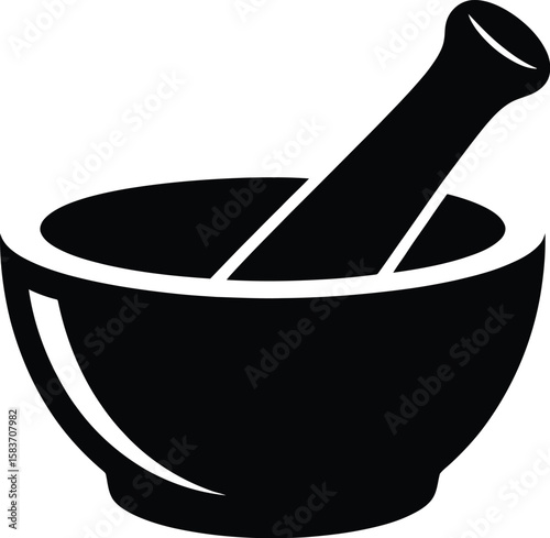 Simple black silhouette of a mortar and pestle on a white background