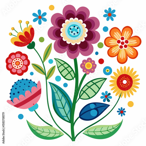 Vibrant folk art floral arrangement with colorful flowers and leaves isolated on white background