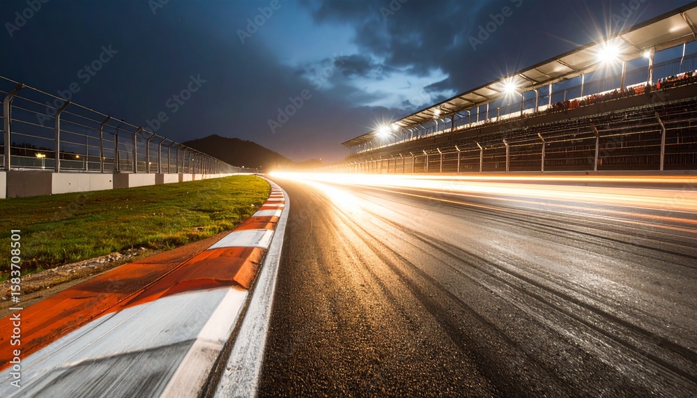 Fototapeta premium Asphalt surface racing track corner in night motion blur
