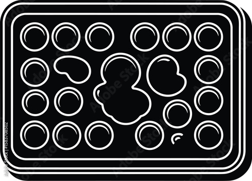 Black and white illustration of a watercolor paint palette with blobs of paint