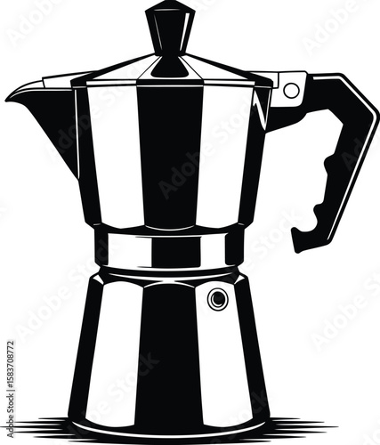 Classic italian moka pot coffee maker illustration in black and white