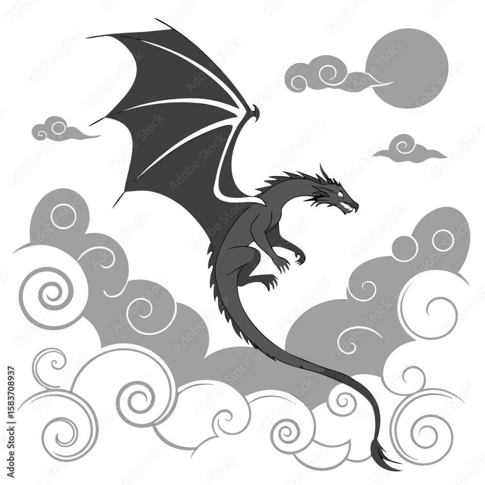 Naklejka premium silhouette-of-flying-dragon-with-clouds---chinese