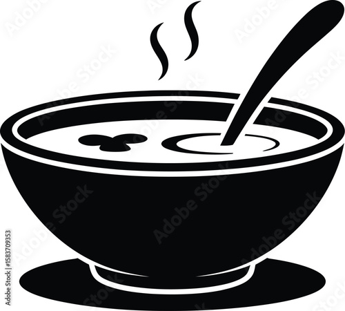Steaming bowl of soup with spoon and floating ingredients icon