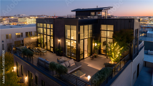 Luxury Modern Penthouse at Twilight: Stunning Cityscape Views and Rooftop Terrace