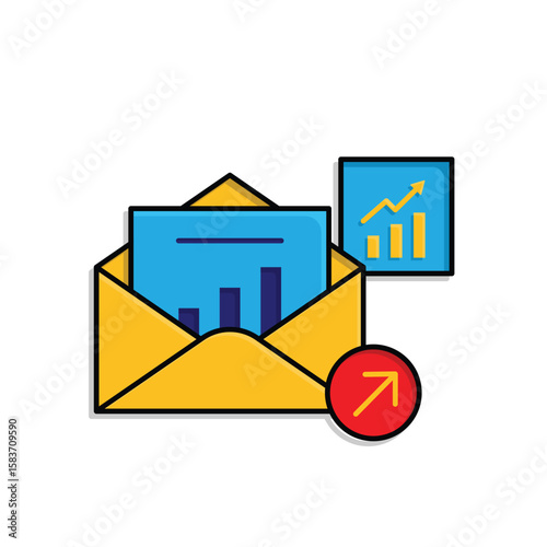 Marketing icon. Email marketing. Open letter, envelope with graphic symbol. Branding, strategy, digital. Isometric design style.