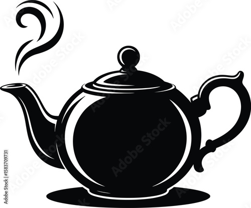 Classic black teapot with wisps of steam rising gracefully
