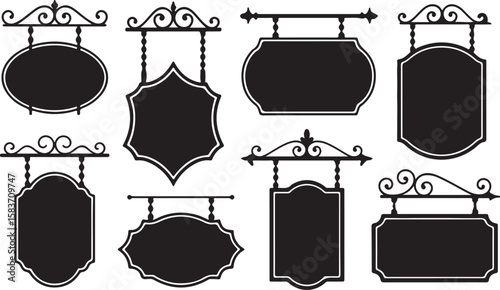 Collection of ornate hanging sign silhouettes, vintage shop signs with scrollwork and frames for cafes, boutiques, restaurants, and signage design