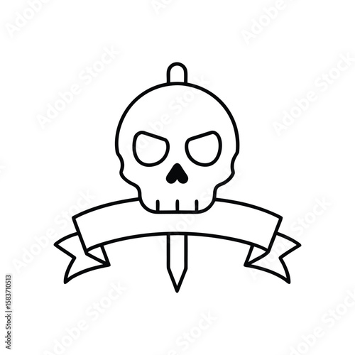 skull with sword and banner line art