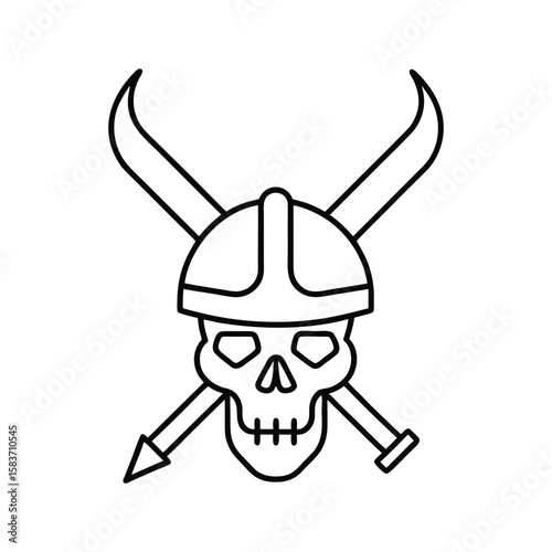 viking skull with sword and helmet line art