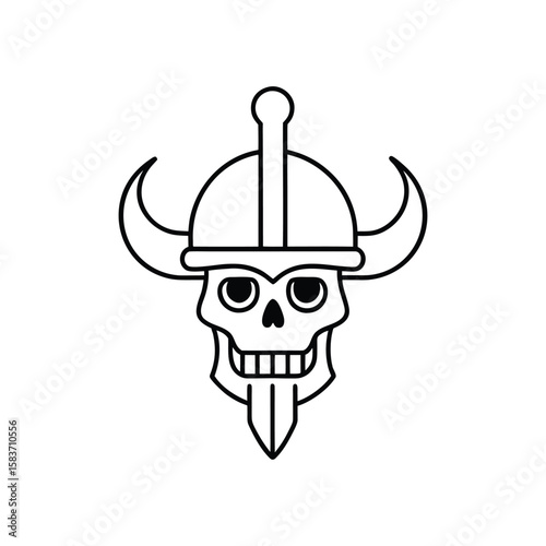 viking skull with sword and helmet line art