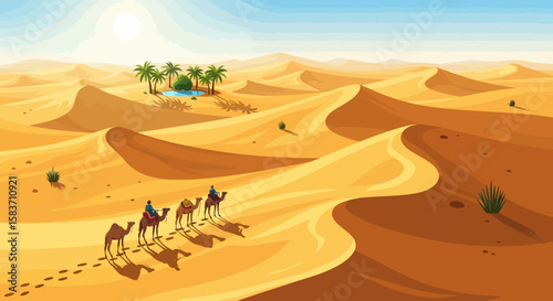 Desert landscape with camel caravan