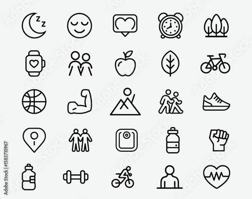 Outline set of Health and wellness Icons Representing a Healthy Lifestyle and Fitness vector
