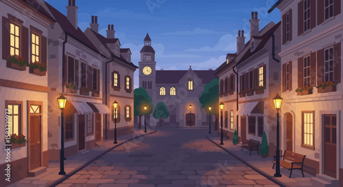 Evening street scene with stone buildings
