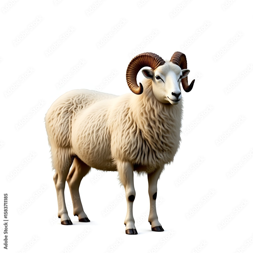 Fototapeta premium Male sheep ram full body portrait on white background, Eid al-Adha sacrifice animal, livestock photo, strong horns sheep