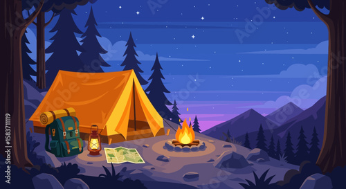 Nighttime camping scene in mountains