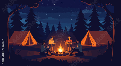 People gathering around campfire at night in forest