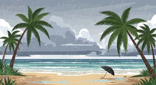 Rainy tropical beach scene with palm trees and umbrella