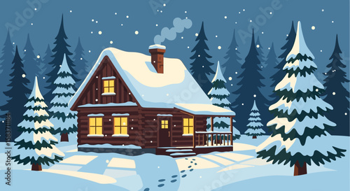 Snowy forest cabin at night