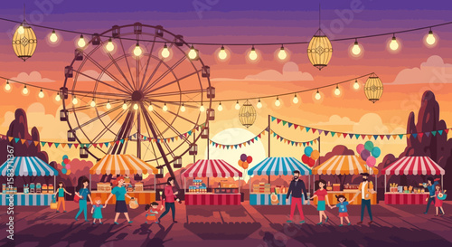 Sunset outdoor marketplace with families