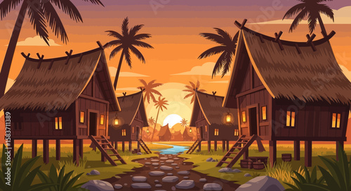Sunset village scene with traditional stilt houses