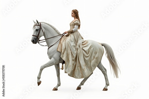 Medieval woman riding white horse, studio shot, isolated background, fairytale illustration