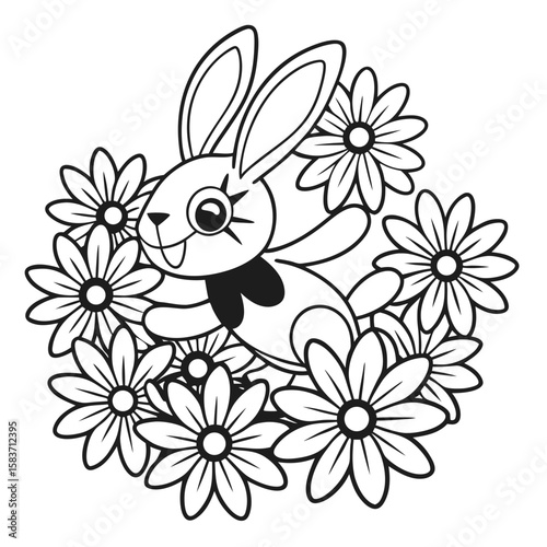 Bunny Skipping Through Flowers Coloring Page