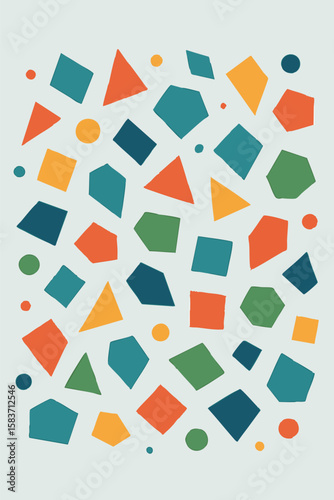 Flat vector abstract composition with random scatter of polygons and dots