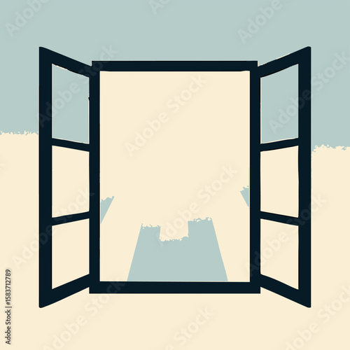 Flat vector abstract open window silhouette with light gradient beams and airy feel