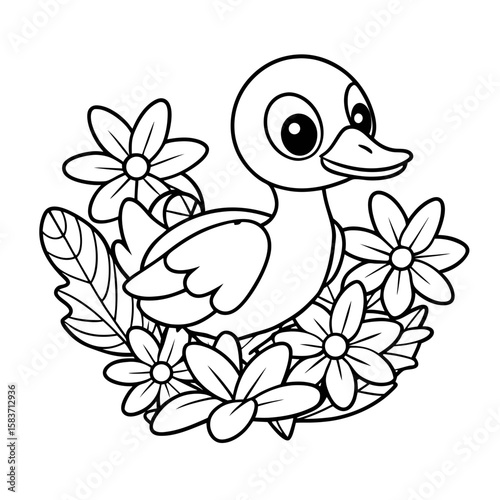 Duckling Waddling Through Flowers Coloring Page