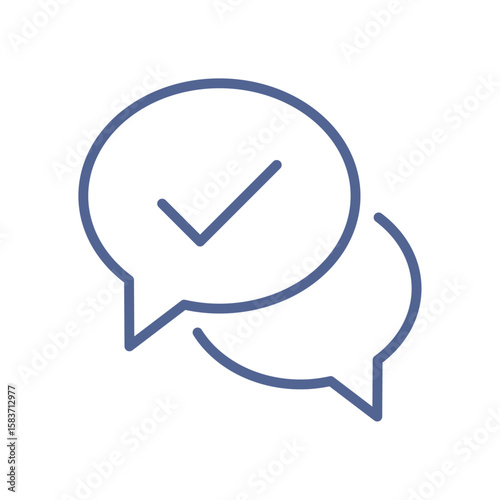 Check mark chat icon, approval message symbol, feedback communication, confirmation dialog, verified conversation isolated on white background flat vector illustration.