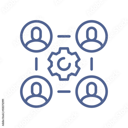 Teamwork with gear icon, people collaboration symbol, group project coordination, work process management, shared responsibility isolated on white background flat vector illustration.