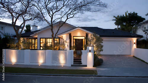 Elegant Contemporary Home Exterior Lit Up at Dusk with Fence and Driveway Lighting