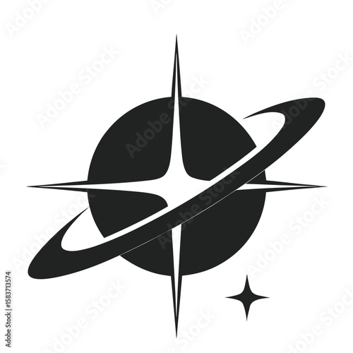 Black abstract planet with orbiting ring and starburst