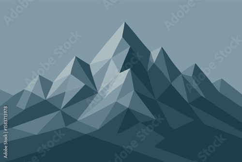 Flat vector geometric low-poly style mountain range in gray-blue palette