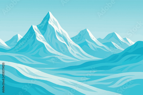 Flat vector icy peaks with glacial blue tones and windswept curves, arctic feel