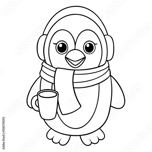 Penguin with Earmuffs and Cocoa Coloring Page