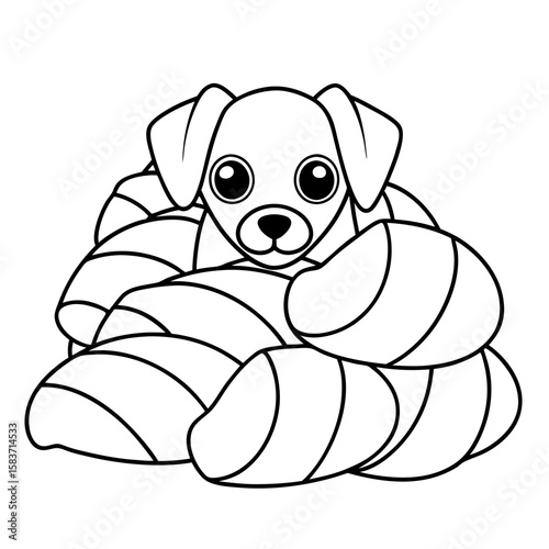 Puppy Peeking from a Pile of Leaves Coloring Page