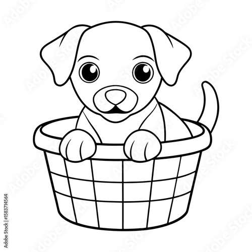 Puppy Sitting in a Laundry Basket Coloring Page