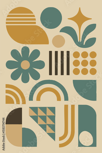 Flat vector retro abstract shapes in muted mustard and teal palette