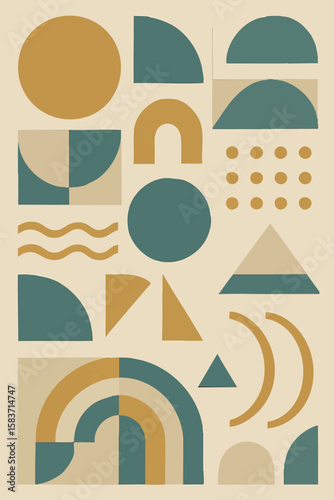 Flat vector retro abstract shapes in muted mustard and teal palette