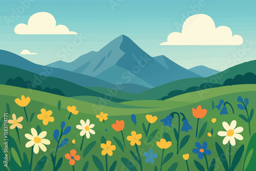 Flat vector scene of mountain meadow with wildflowers, gentle rolling hills and clear sky